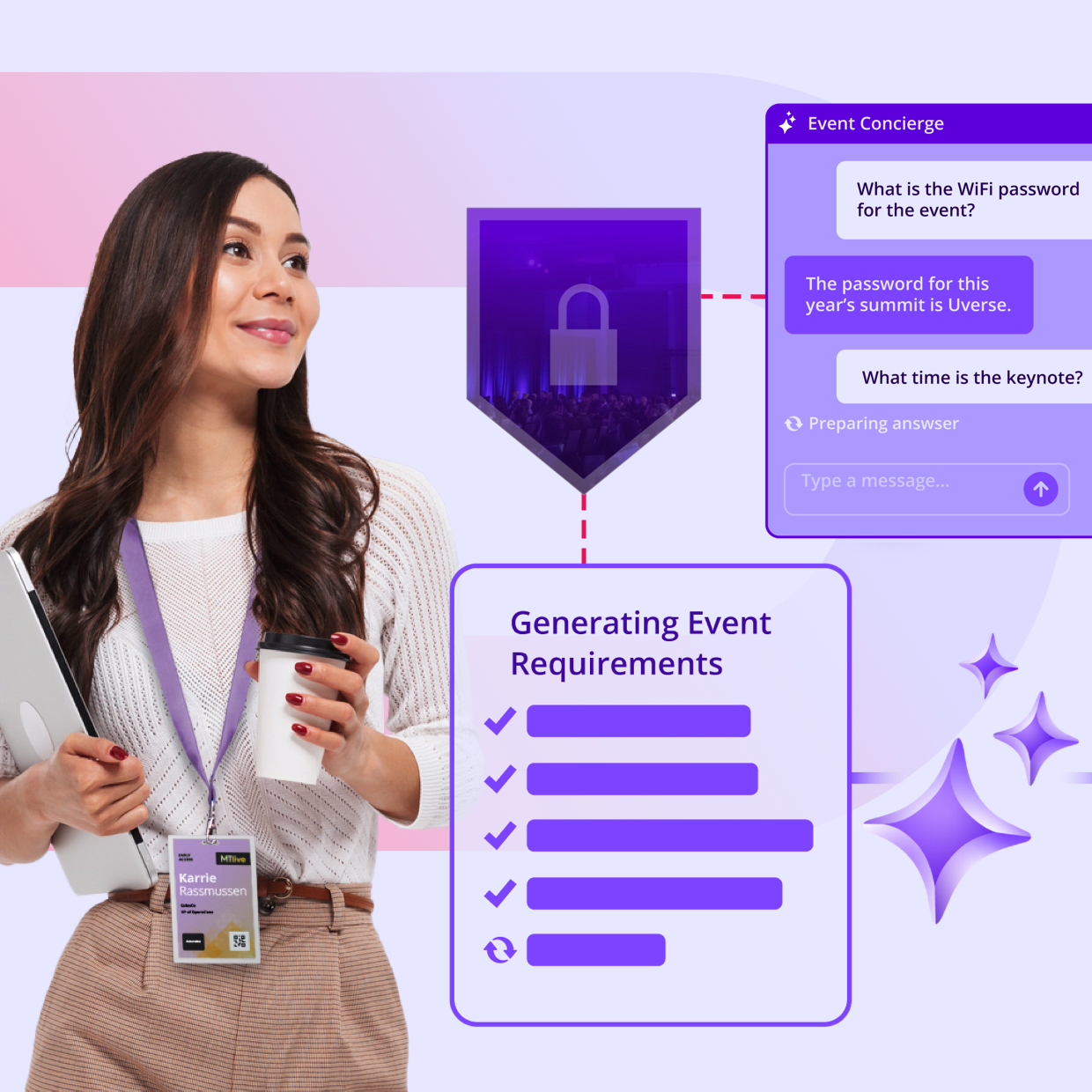 An event marketer wearing a badge and lanyard holds a laptop and coffee cup while an AI concierge chat interface and auto-generated event requirements checklist appear alongside her, illustrating how Nexus agents assist in real time.