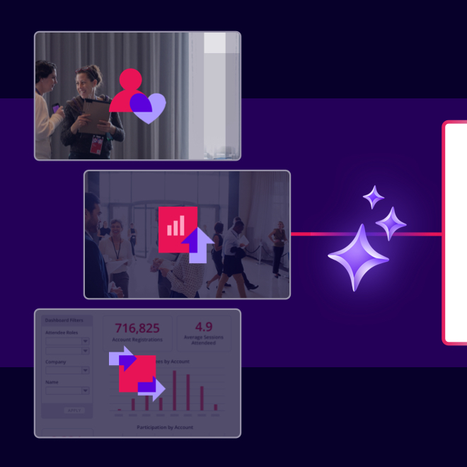 Illustration of Nexus connecting enterprise data sources — event photos, attendee engagement metrics, and a dashboard showing 716,825 account registrations — flowing through AI sparkle icons into a unified interface.