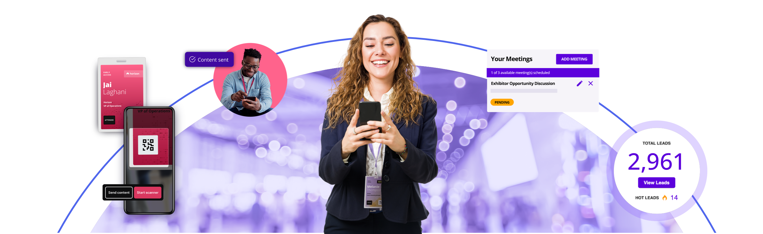 A sales professional using the RainFocus mobile app to connect with event attendees.